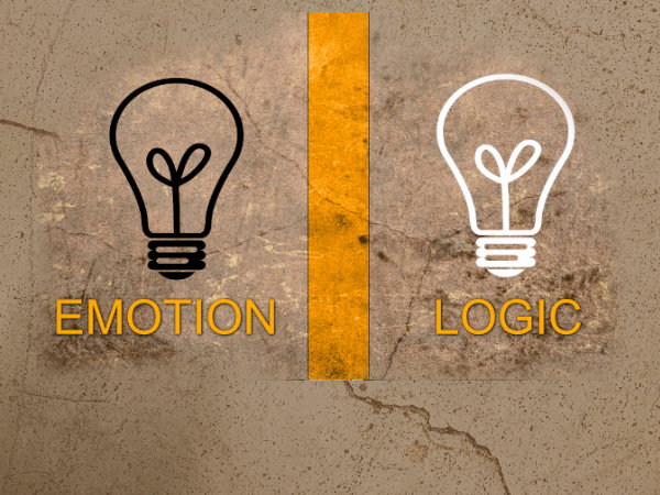 clip art of two light bulbs with words emotion and logic below