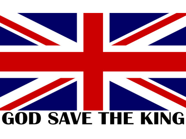 Uk flag with god save the king at bottom