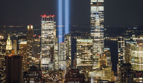 The annual Tribute in Light shining over New York City