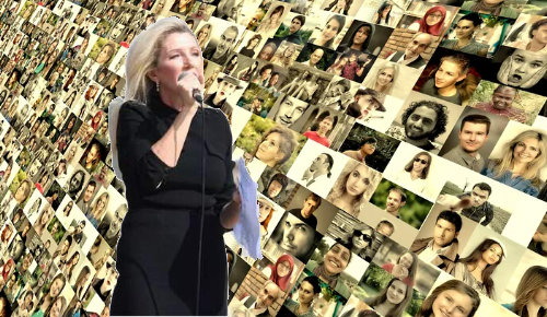 Kate Shemirani with background of images of people