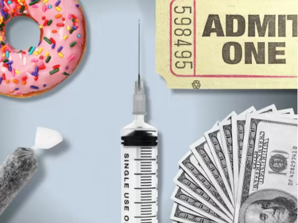 images of donut, admission ticket, money and syringe