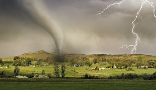 Extreme weather image with tornado and lightening
