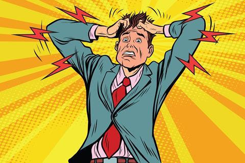 Cartoon of man with hands on his head in frustration