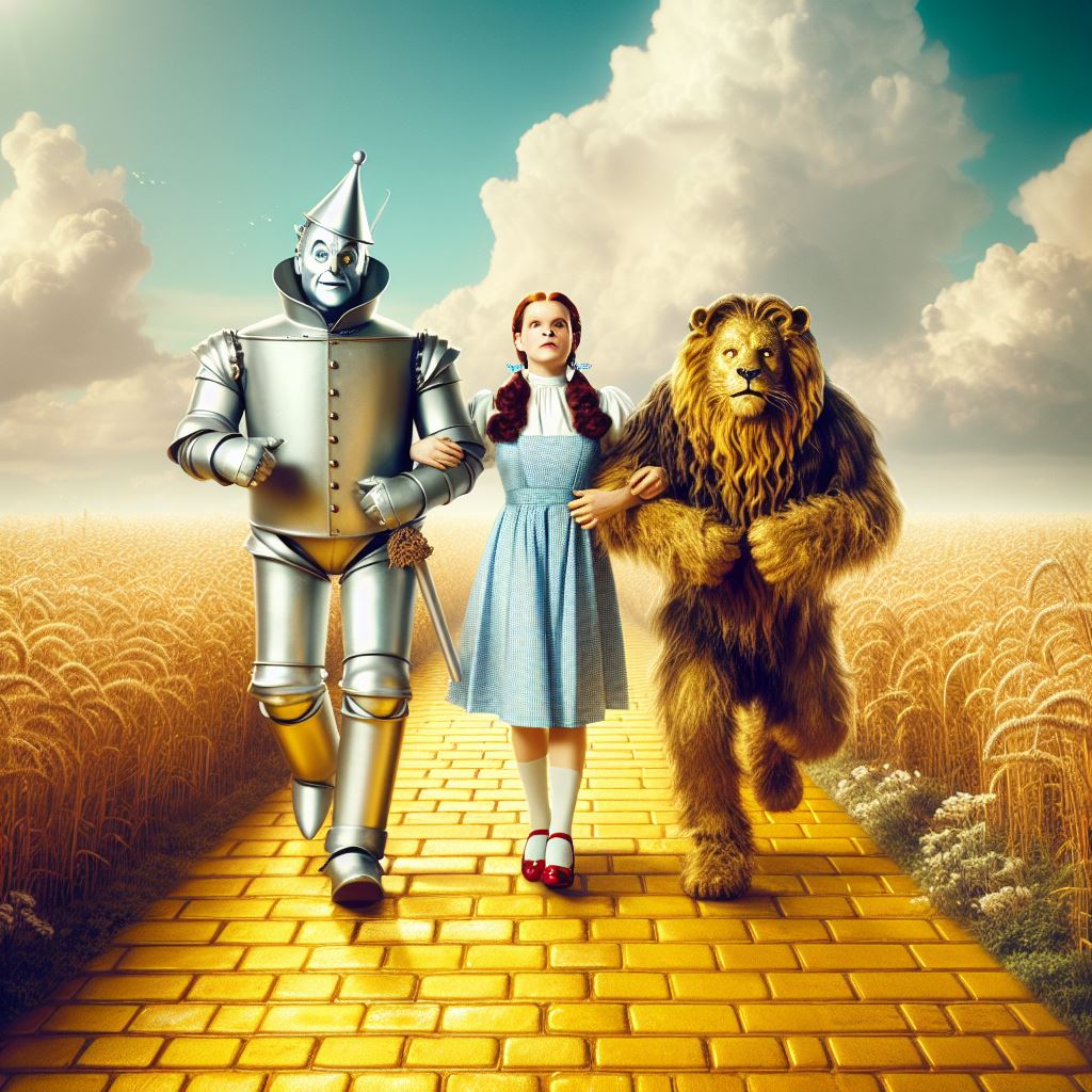 The Straw Man, The Tin Man, The Cowardly Lion AND Dorothy from Wizard Of Oz walking on a gold YELLOW BRICK ROAD