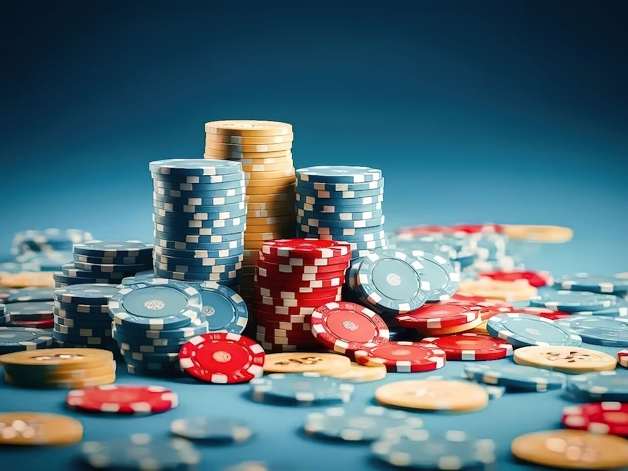 Pile of different coloured poker chips on a blue background