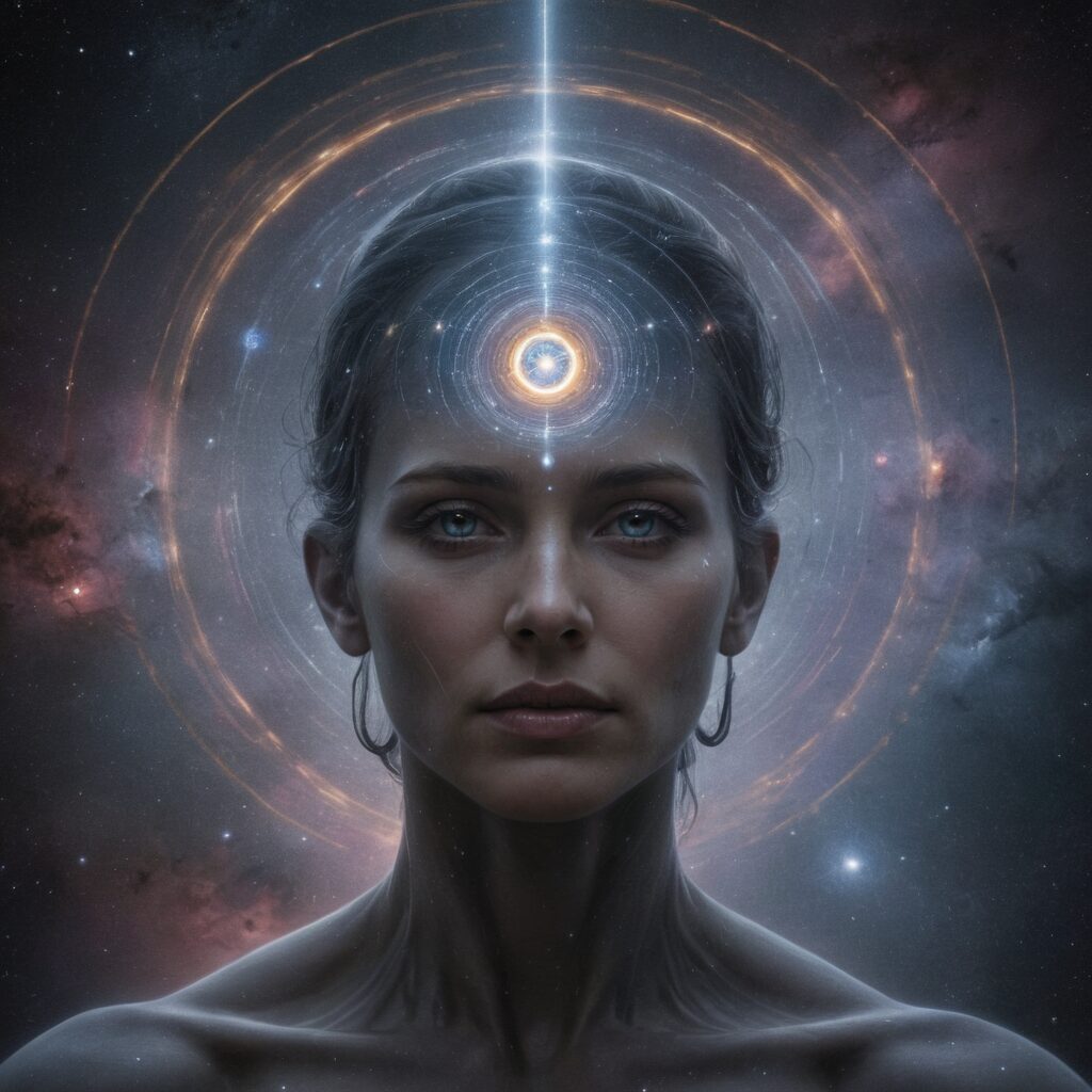 The image is a digital artwork depicting a woman with her eyes open, deeply focused or meditating. Her face appears serene and she has short hair. She is wearing what seems to be a white garment or aura around her neck, which might suggest that she is emitting energy or light.